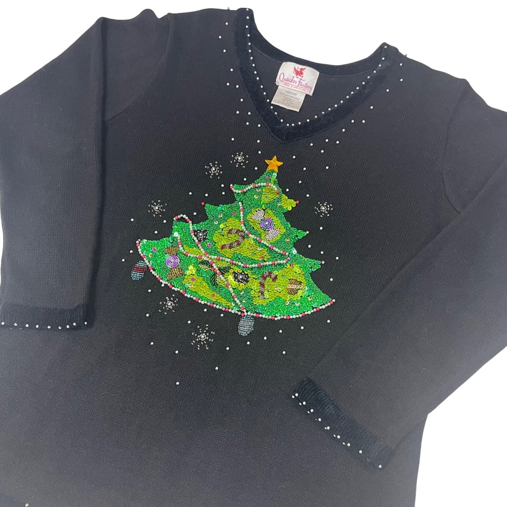 Quacker Factory Womens Beaded Sequin Christmas Tree V Neck Black Sweater Medium - Picture 2 of 11